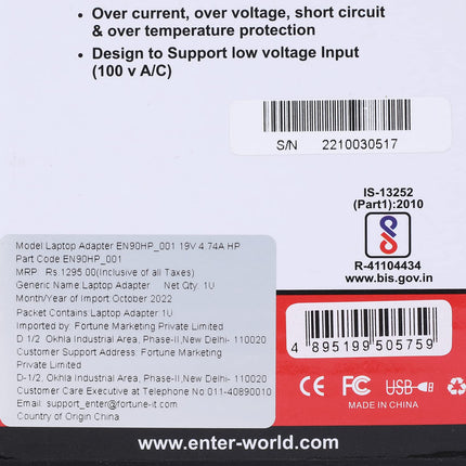 Enter Bis Certified 90W, 19.5V/4.62A, 3 Pin High-Efficiency Ac Laptop Charger/Adapter for Dell Laptops (Without Power Cord),Black