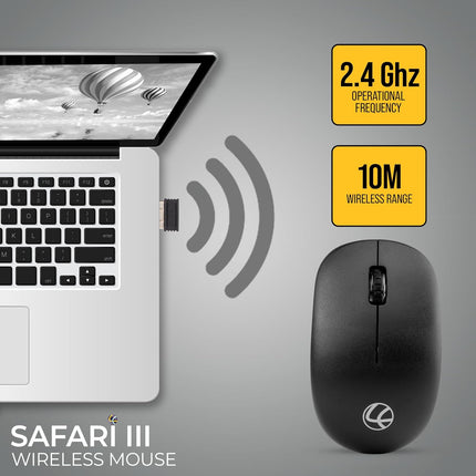 LAPCARE Safari III B Wireless Mouse-2.4GHz High Precision with Upto 1600 DPI, Nano Receiver and Plug & Play Usage -USB/Black-with 3 Year Warranty