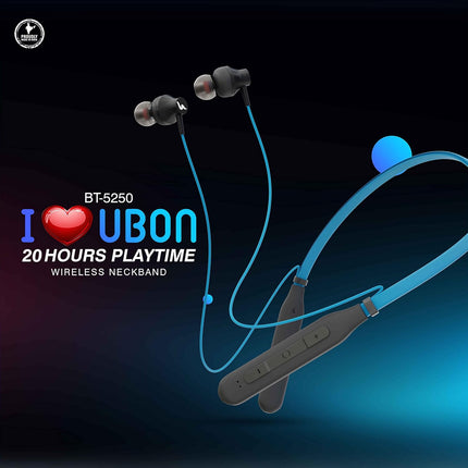 UBON BT-5250 Bluetooth Earphone with Mic, Bass Factory 2.0, in-Ear Wireless Neckband with Upto 16 Hours Playtime, Magnetic Earbuds, Fast Charging, v5.0 Bluetooth Headset (Blue)