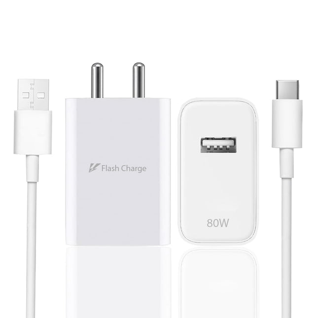 Vivo 80W Flash Charger 3.0 USB-A Power Adapter Compatible with Vivo V27 Pro, V29, X90, X80 Pro, Y Series, T Series & All iQOO Smartphones
