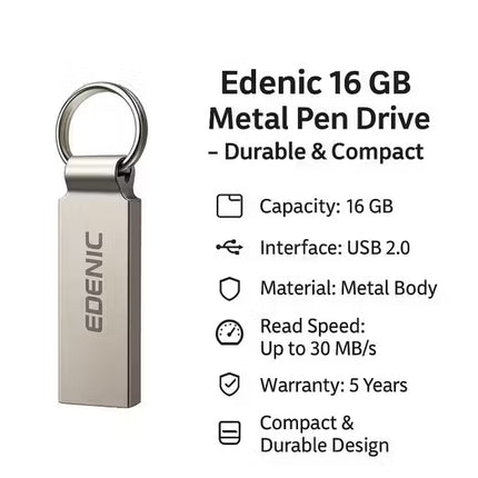 Edenic 16 GB USB 2.0 Metal Pen Drive – Compact & Durable Flash Drive