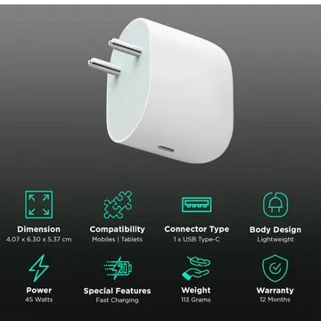 Google GM18Y 45W Type C Fast Charger (Adapter Only, Snow)