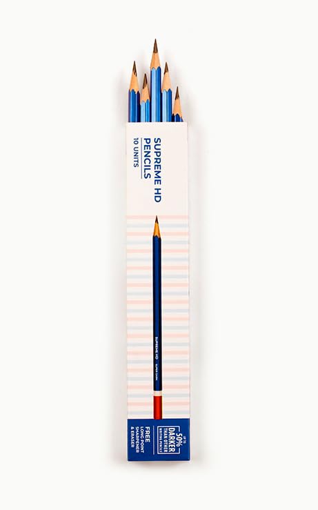 Supreme HD Pencils Super Dark Pencil Box of 10 Pencils with Eraser and Long Point Sharpener for School & Office