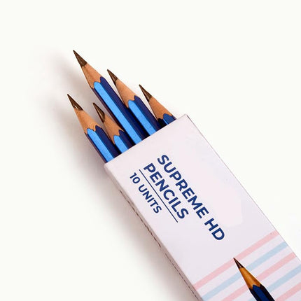Supreme HD Pencils Super Dark Pencil Box of 10 Pencils with Eraser and Long Point Sharpener for School & Office