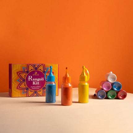 Rangoli Powder Colors Bottles | Set of 10 (100g Each) | Original Marble Rangoli | for Diwali, Navratri, Pongal, Pooja, Mandir, and Ceramic Floor Decoration | Creative Design Kit (Pack of 1)
