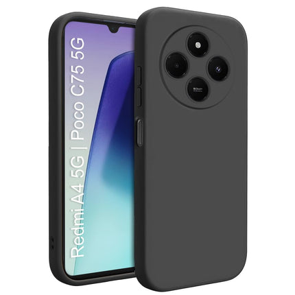 Redmi A4 5G | Poco C75 5G Soft Silicone Back Case| Shock Proof Design & Camera Protection | Premium Rubberised Cover (Microfiber Lining) for Redmi A4 5G | Poco C75 5G | Matte Silicone - Black