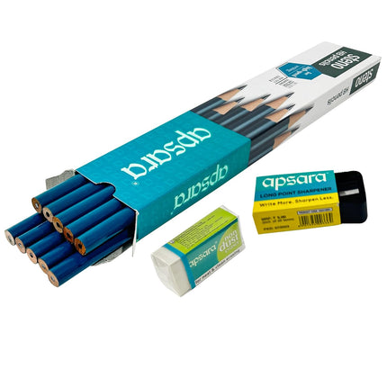 Apsara Steno HB Extra Dark Pencils - Pack of 10 with Sharpener & Eraser x3
