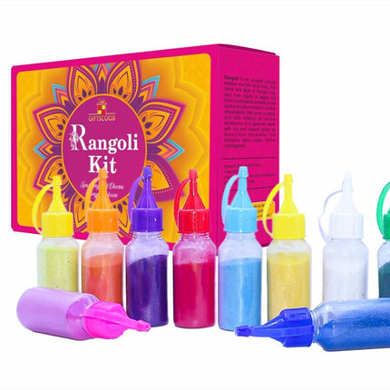 Rangoli Powder Colors Bottles | Set of 10 (100g Each) | Original Marble Rangoli | for Diwali, Navratri, Pongal, Pooja, Mandir, and Ceramic Floor Decoration | Creative Design Kit (Pack of 1)
