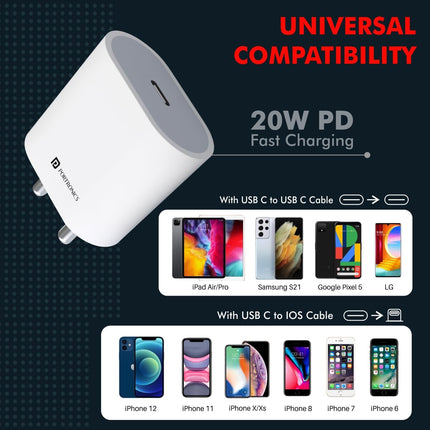 Portronics Adaptor 20 Type C 20w Charger for Android,iPhone with PD 3.0 (White)