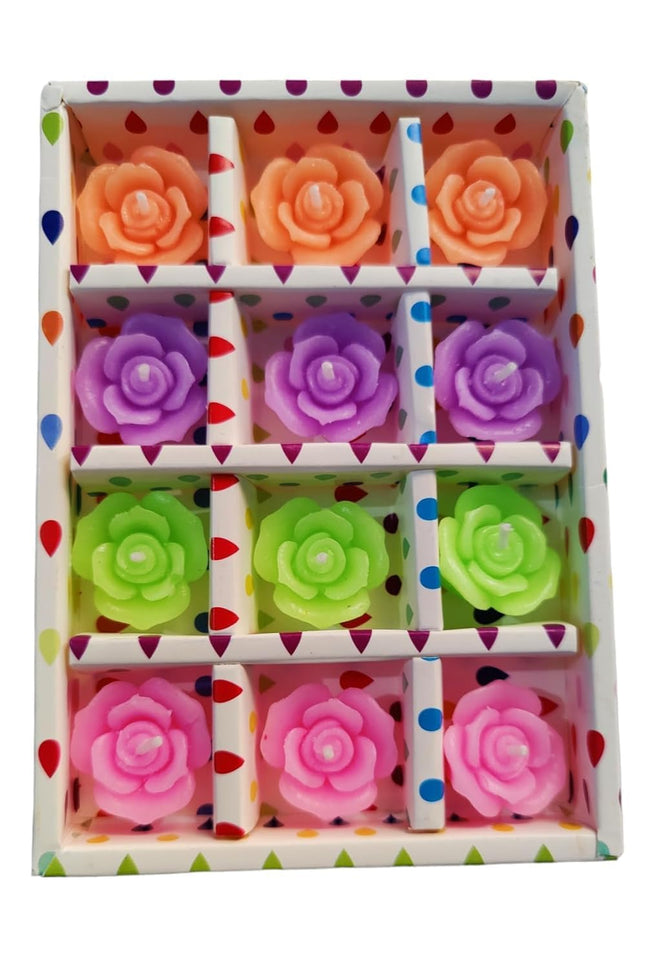 Rose Flower Design Floating Candle, Decorative Diwali Candles, Smokeless Candle for Diwali, Wax Candles- Set of 12 (Assorted Color)