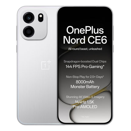 OnePlus Nord CE6 | 8GB+128GB | Lunar Pearl | Snapdragon 7s Gen 4 | Segment's Fastest Touch Response | 8000mAh Battery | 144Hz 1.5K AMOLED Display | 50MP Main + 32MP Selfie 4K Cameras | IP66,68,69,69K