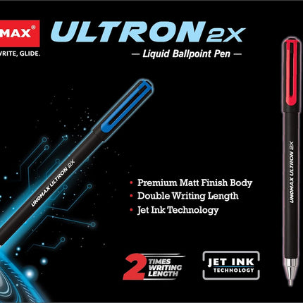 UNOMAX Ultron 2X Ball Pen - Set of 10 (Jet Blue/ Black) | Unleash the Art of Writing with Elegance | Matt Finish Body | 0.7mm Tip Size for Superior Precision | Jet Ink Technology for Effortless