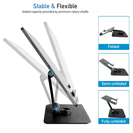 HC 360 Degree Rotating Adjustable Metal Tablet Stand, Foldable Desk Mount Holder for Upto 12 Inch iPads & Tabs