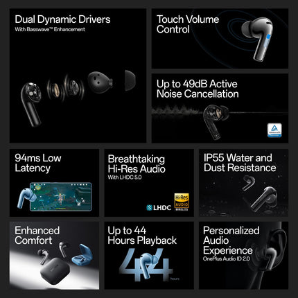 OnePlus Buds 3 in Ear TWS Bluetooth Earbuds with Upto 49dB Smart Adaptive Noise Cancellation,Hi-Res Sound Quality,Sliding Volume Control,10mins for 7Hours Fast Charging with Upto 44Hrs Playback(Gray)(Refurbished)