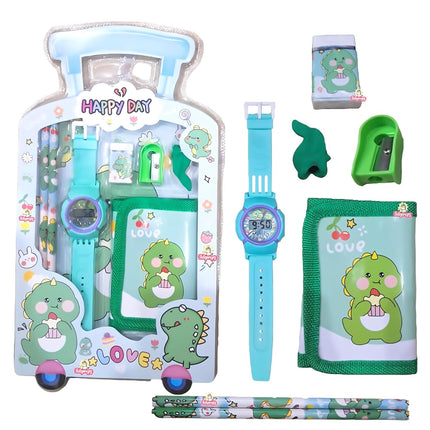 Happy Day Theme Geometry Kit Combo of 2 Pencil, Sharpner, Eraser, Watch & Mini Wallet | Stationery Case for Kids | School Stationery Items for Kids Return Gifts