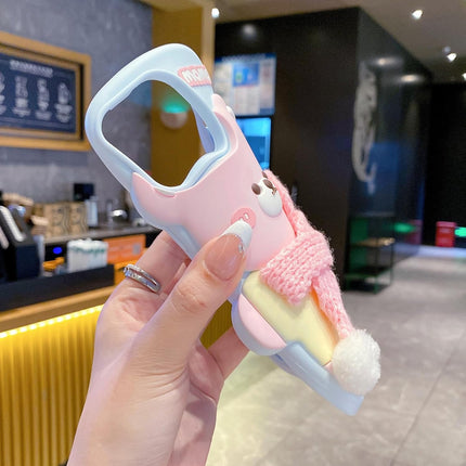 Pink 3D Cute Bear with Scarf Phone Case | Soft Silicone Protective Cover, Shockproof & Flexible, Kawaii Design for Girls & Women (iPhone 14)