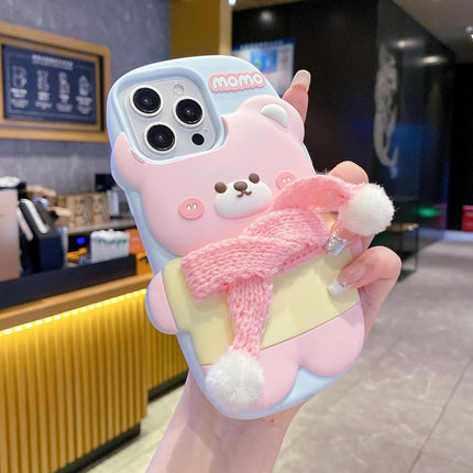 Pink 3D Cute Bear with Scarf Phone Case | Soft Silicone Protective Cover, Shockproof & Flexible, Kawaii Design for Girls & Women (iPhone 15)