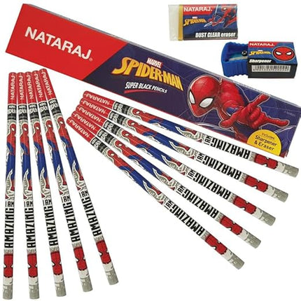 Nataraj Spiderman Series Pencils | Round Shape For Easy Holding & Comfort | Free Eraser & Sharpner With Each Box | Dark & Neat Handwriting | Pack Of 10 Pcs X 3 Box, Grey