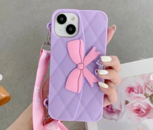 Case Creation Trendy Premium Fancy Cute Barbie Bow Case For iPhone Handbag Purse Case With Strap,Wallet Phone Chain Cover | Fashion iPhone