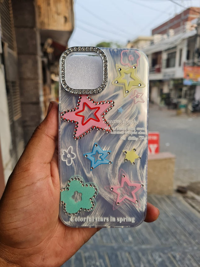 Sparkly Star Phone Case Compatible with iPhone, Cute Korean Bling Glitter Stars Case for Women Girls + Colorful Heart Rhinestone Sticker