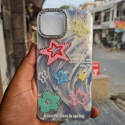 Sparkly Star Phone Case Compatible with iPhone, Cute Korean Bling Glitter Stars Case for Women Girls + Colorful Heart Rhinestone Sticker