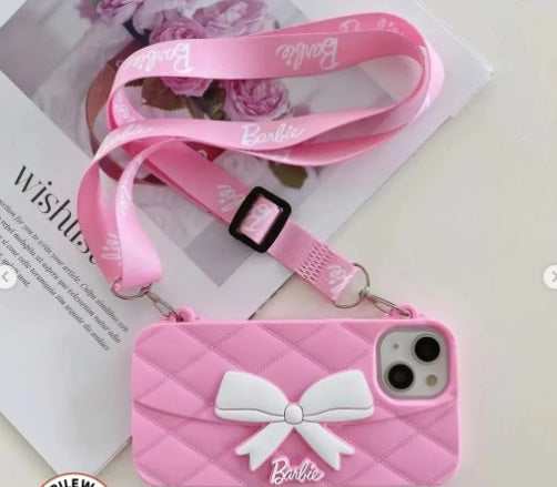 Case Creation Trendy Premium Fancy Cute Barbie Bow Case For iPhone Handbag Purse Case With Strap,Wallet Phone Chain Cover | Fashion iPhone